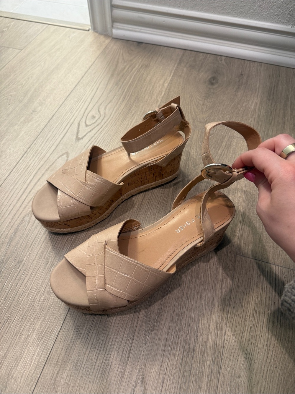 Marc Fisher Women's Beige Cork Wedge Sandals with Ankle Strap